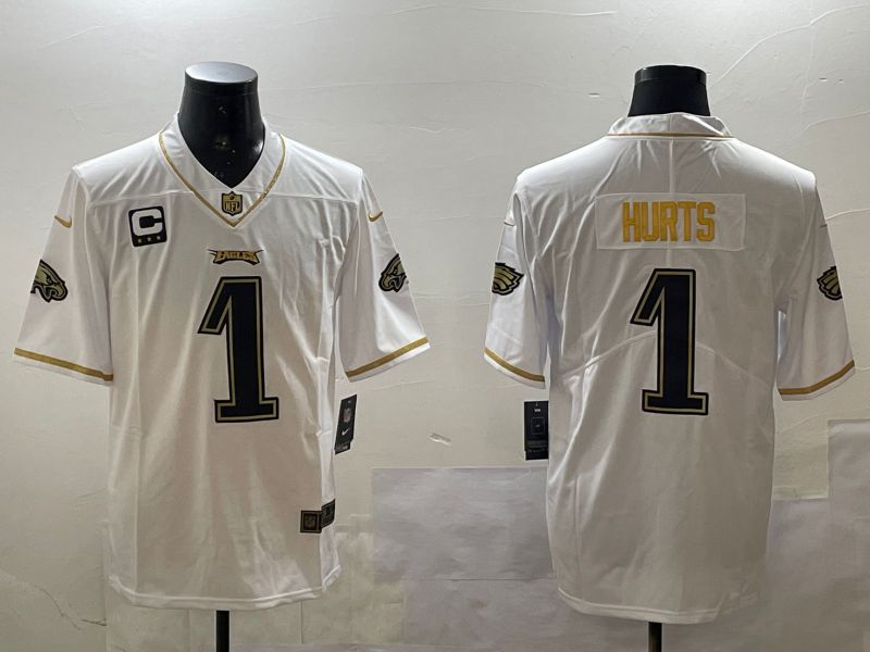 Men Philadelphia Eagles #1 Hurts White gold Throwback 2025 Nike Vapor Limited NFL Jersey style 1
